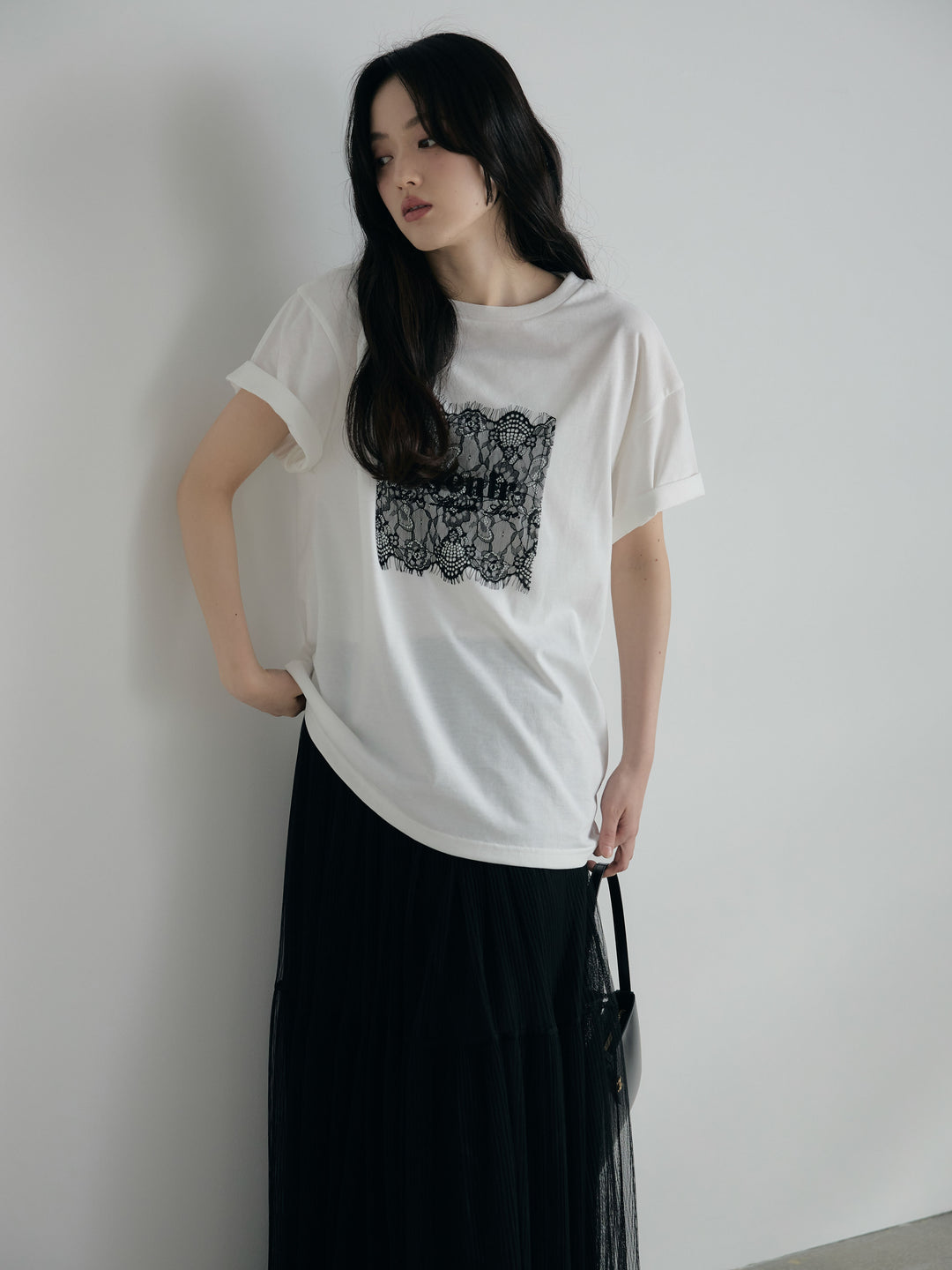 【SET】【cool touch】レースロゴ刺繍Tシャツ+裾レースデザインチュールスカート(2set)