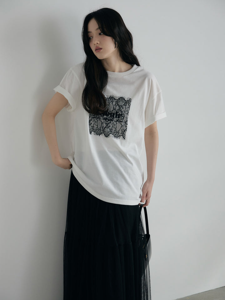 【SET】【cool touch】レースロゴ刺繍Tシャツ+裾レースデザインチュールスカート(2set)