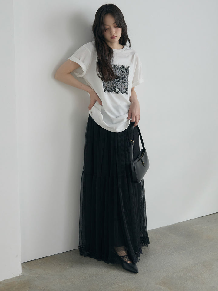 【SET】【cool touch】レースロゴ刺繍Tシャツ+裾レースデザインチュールスカート(2set)