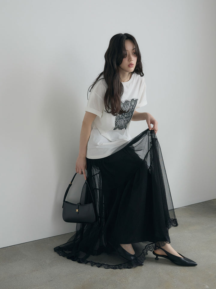 【SET】【cool touch】レースロゴ刺繍Tシャツ+裾レースデザインチュールスカート(2set)