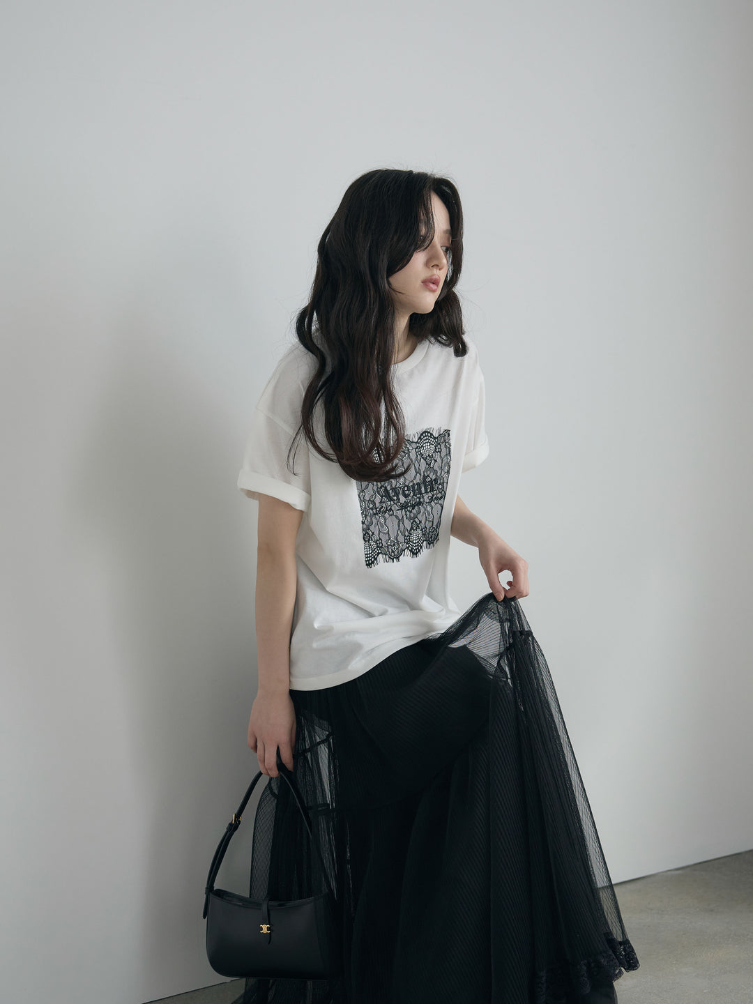 【SET】【cool touch】レースロゴ刺繍Tシャツ+裾レースデザインチュールスカート(2set)