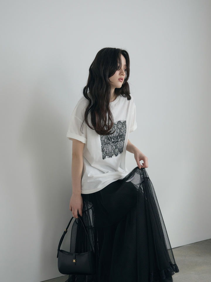 【SET】【cool touch】レースロゴ刺繍Tシャツ+裾レースデザインチュールスカート(2set)