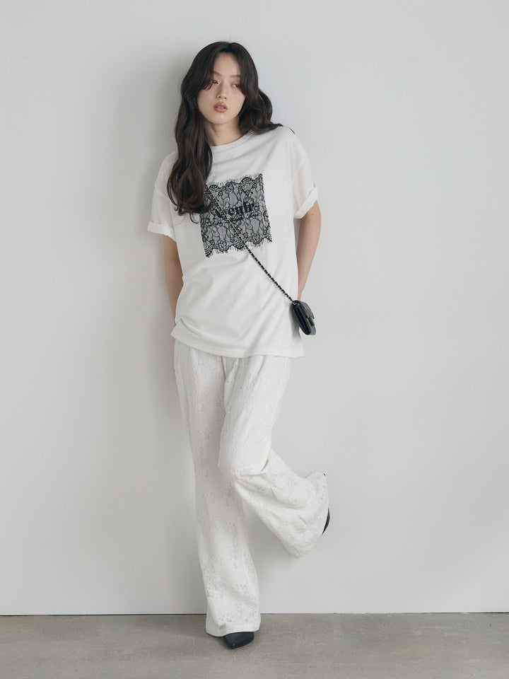 【SET】【cool touch】レースロゴ刺繍Tシャツ+【Essential】Lace soft flare pants(2set)