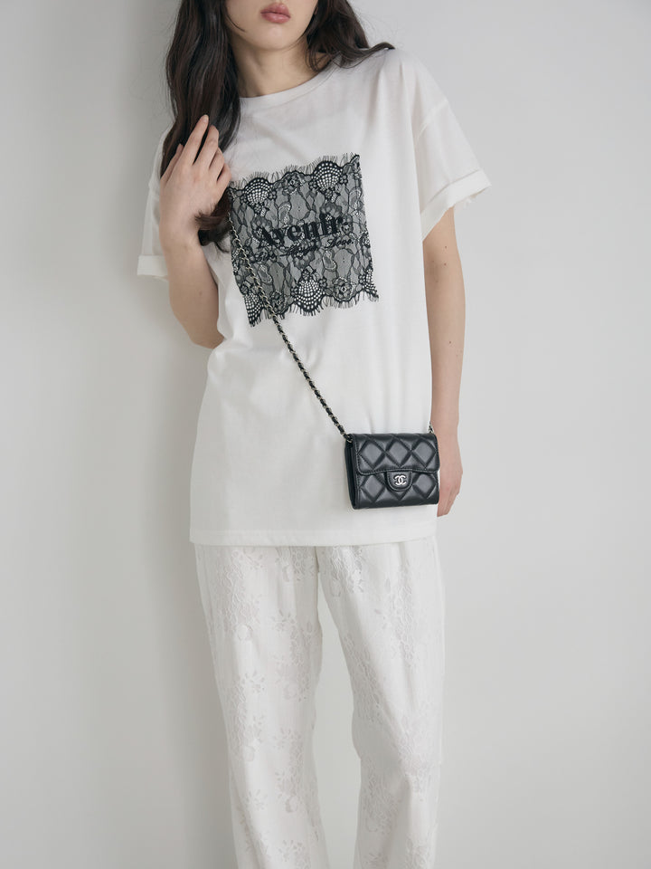 【SET】【cool touch】レースロゴ刺繍Tシャツ+【Essential】Lace soft flare pants(2set)