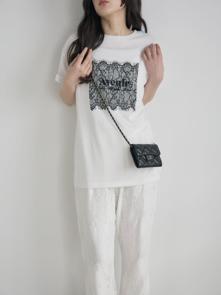 【SET】【cool touch】レースロゴ刺繍Tシャツ+【Essential】Lace soft flare pants(2set)