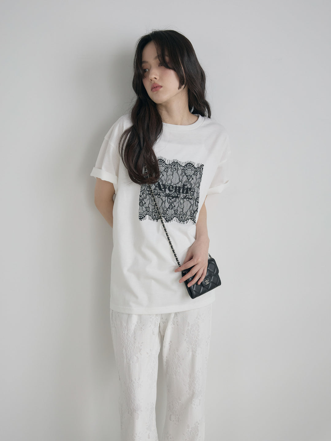 【SET】【cool touch】レースロゴ刺繍Tシャツ+【Essential】Lace soft flare pants(2set)