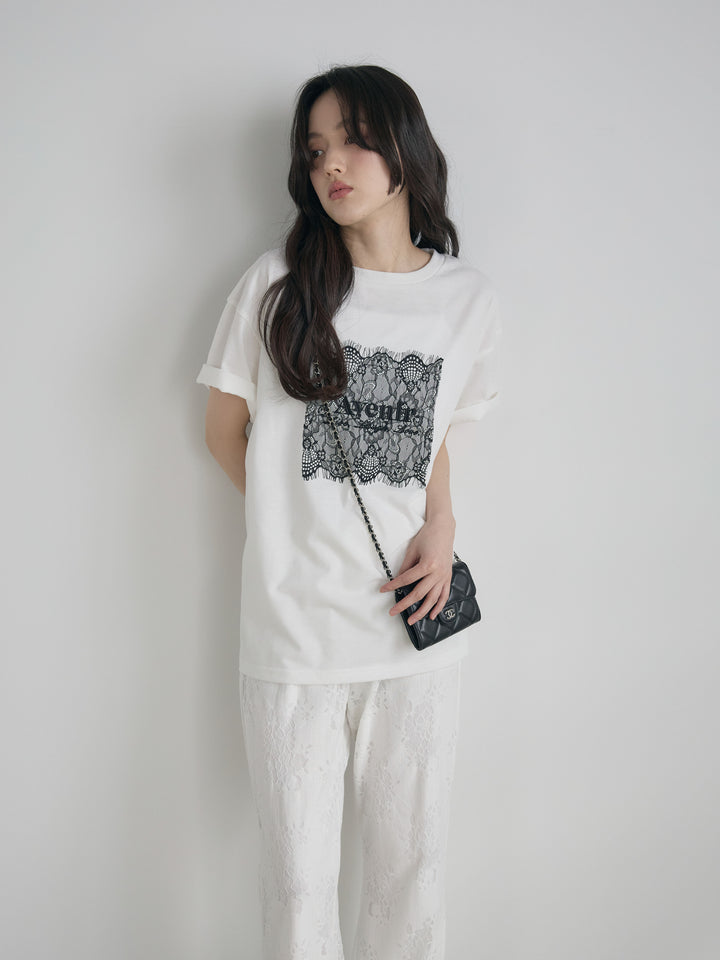 【SET】【cool touch】レースロゴ刺繍Tシャツ+【Essential】Lace soft flare pants(2set)