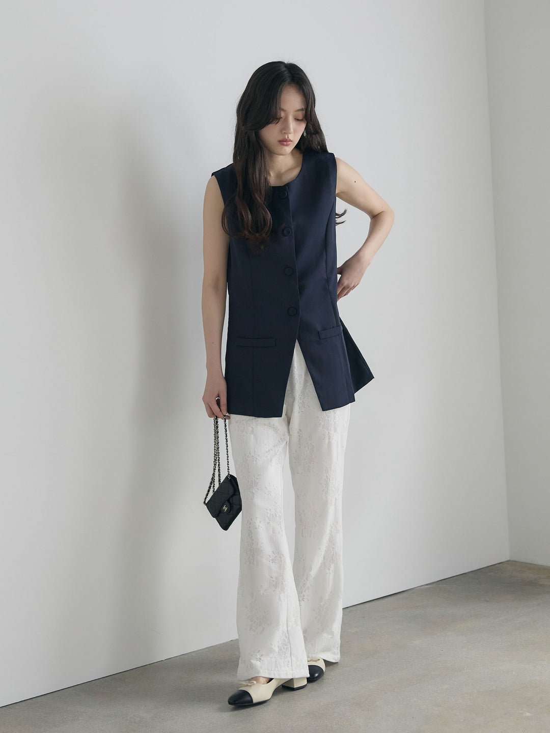 【SET】クルーネックミディベスト+【Essential】Lace soft flare pants(2set)