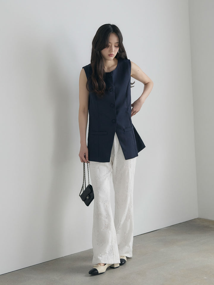 【SET】クルーネックミディベスト+【Essential】Lace soft flare pants(2set)