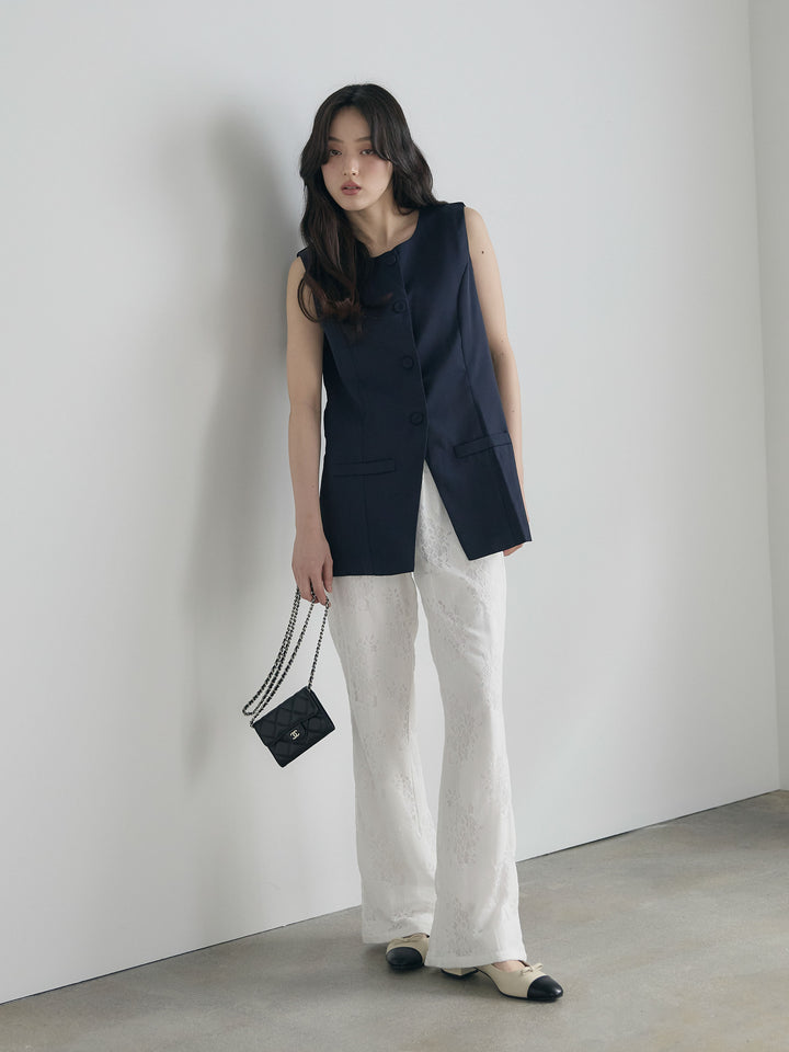 【SET】クルーネックミディベスト+【Essential】Lace soft flare pants(2set)