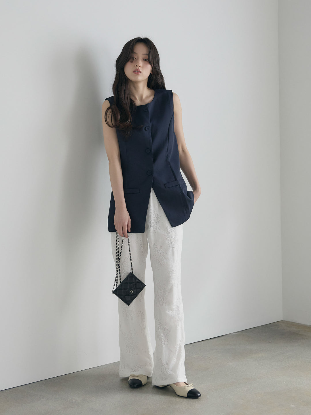 【SET】クルーネックミディベスト+【Essential】Lace soft flare pants(2set)