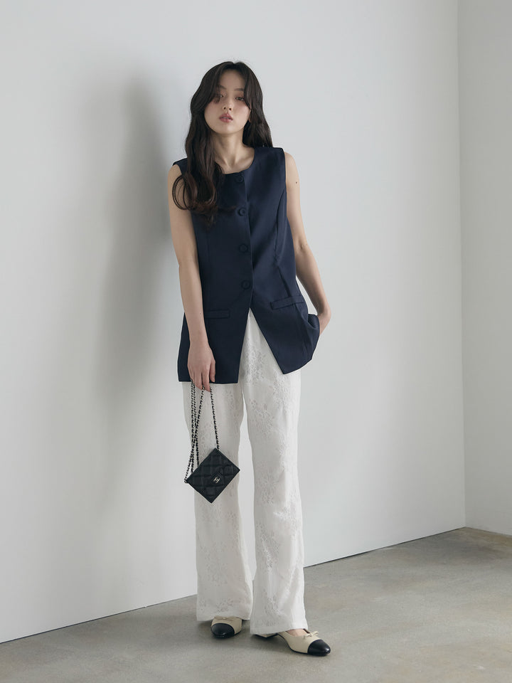 【SET】クルーネックミディベスト+【Essential】Lace soft flare pants(2set)