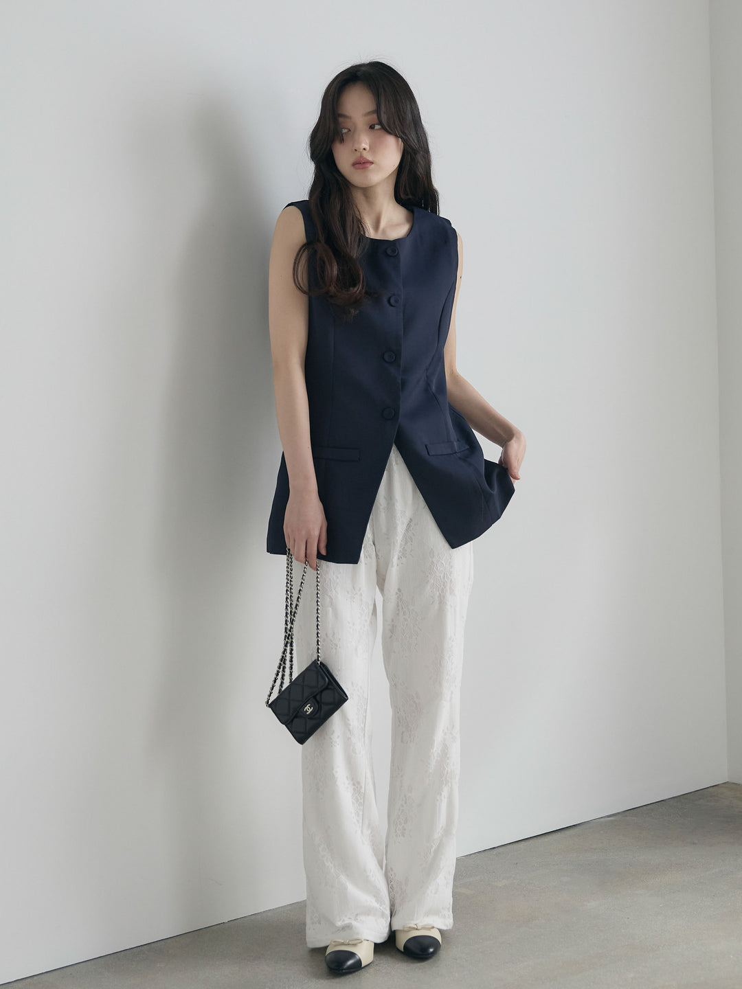 【SET】クルーネックミディベスト+【Essential】Lace soft flare pants(2set)