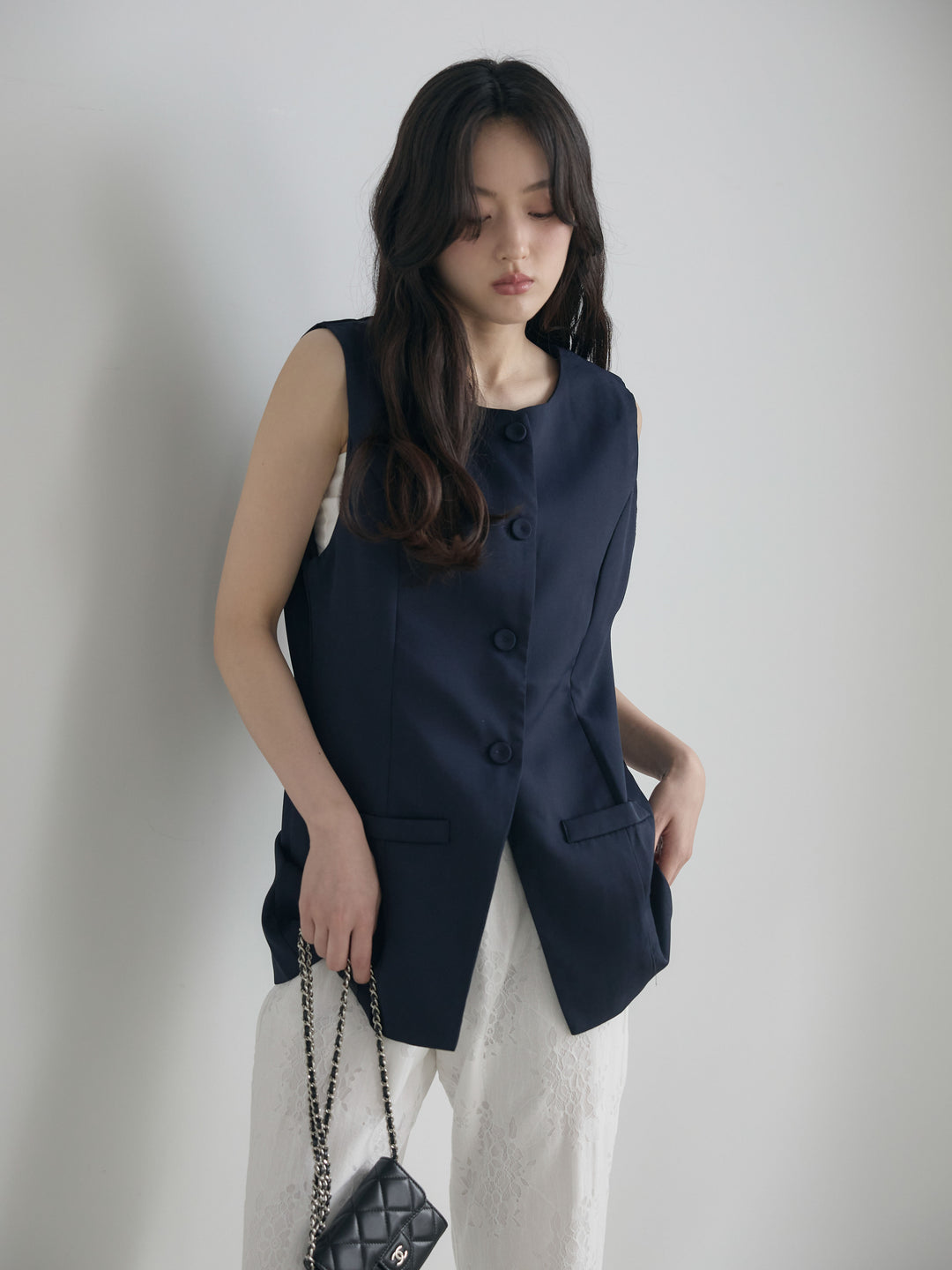 【SET】クルーネックミディベスト+【Essential】Lace soft flare pants(2set)
