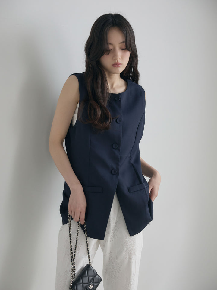 【SET】クルーネックミディベスト+【Essential】Lace soft flare pants(2set)