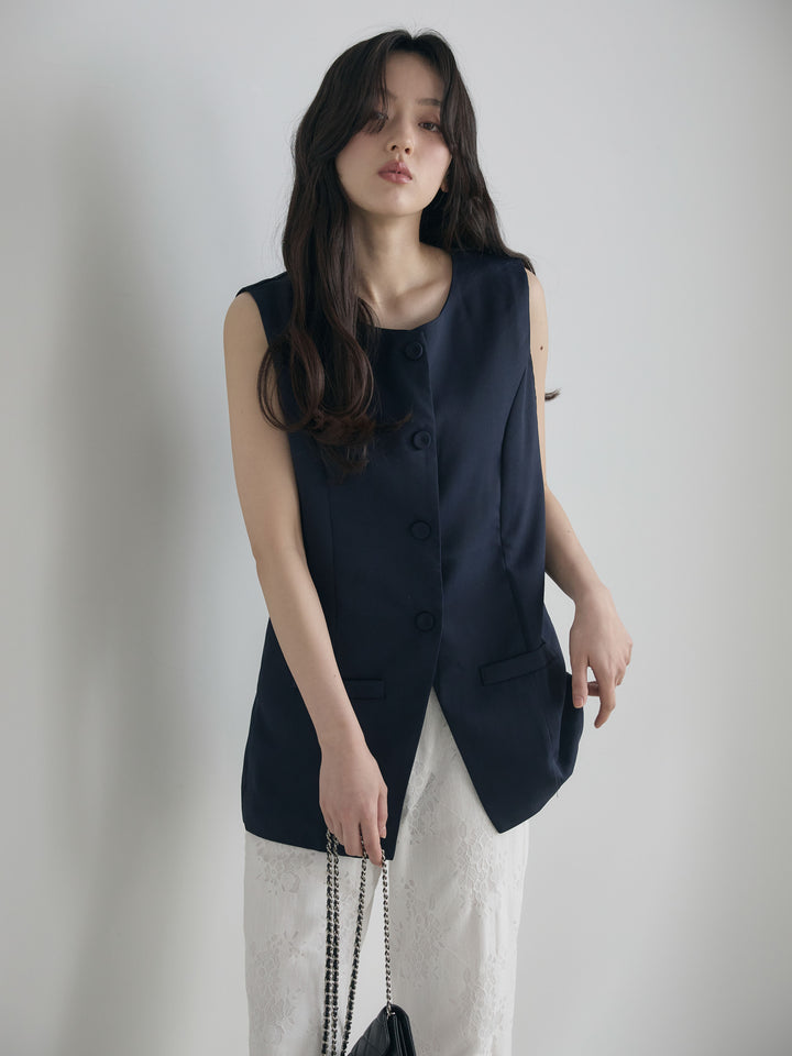 【SET】クルーネックミディベスト+【Essential】Lace soft flare pants(2set)