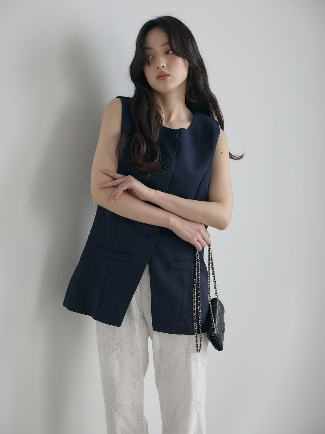 【SET】クルーネックミディベスト+【Essential】Lace soft flare pants(2set)