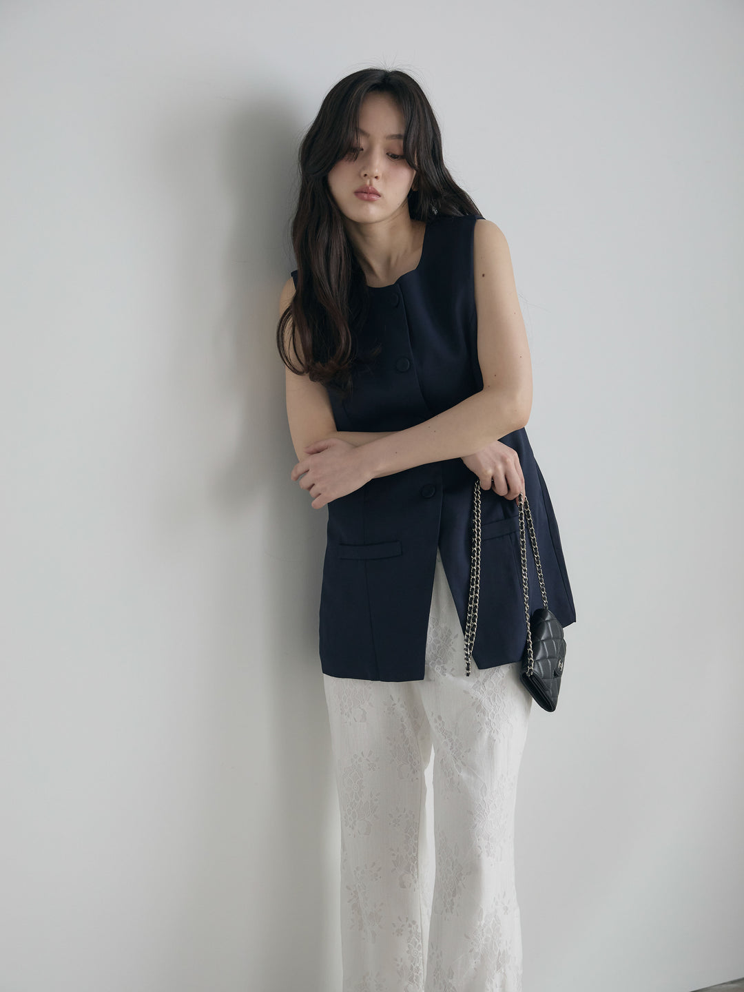 【SET】クルーネックミディベスト+【Essential】Lace soft flare pants(2set)