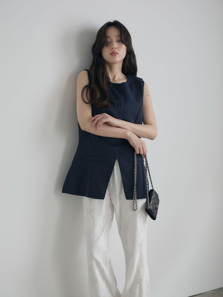 【SET】クルーネックミディベスト+【Essential】Lace soft flare pants(2set)