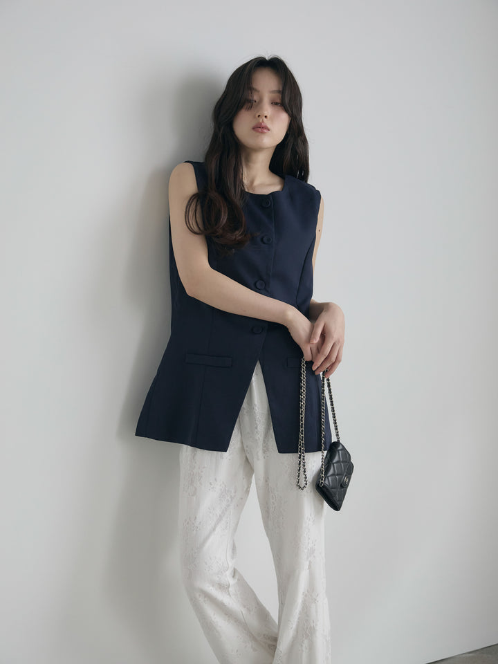 【SET】クルーネックミディベスト+【Essential】Lace soft flare pants(2set)