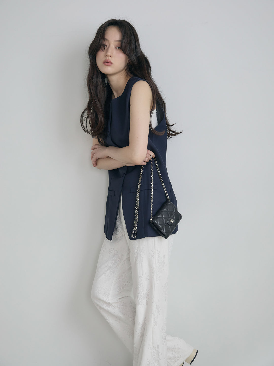 【SET】クルーネックミディベスト+【Essential】Lace soft flare pants(2set)