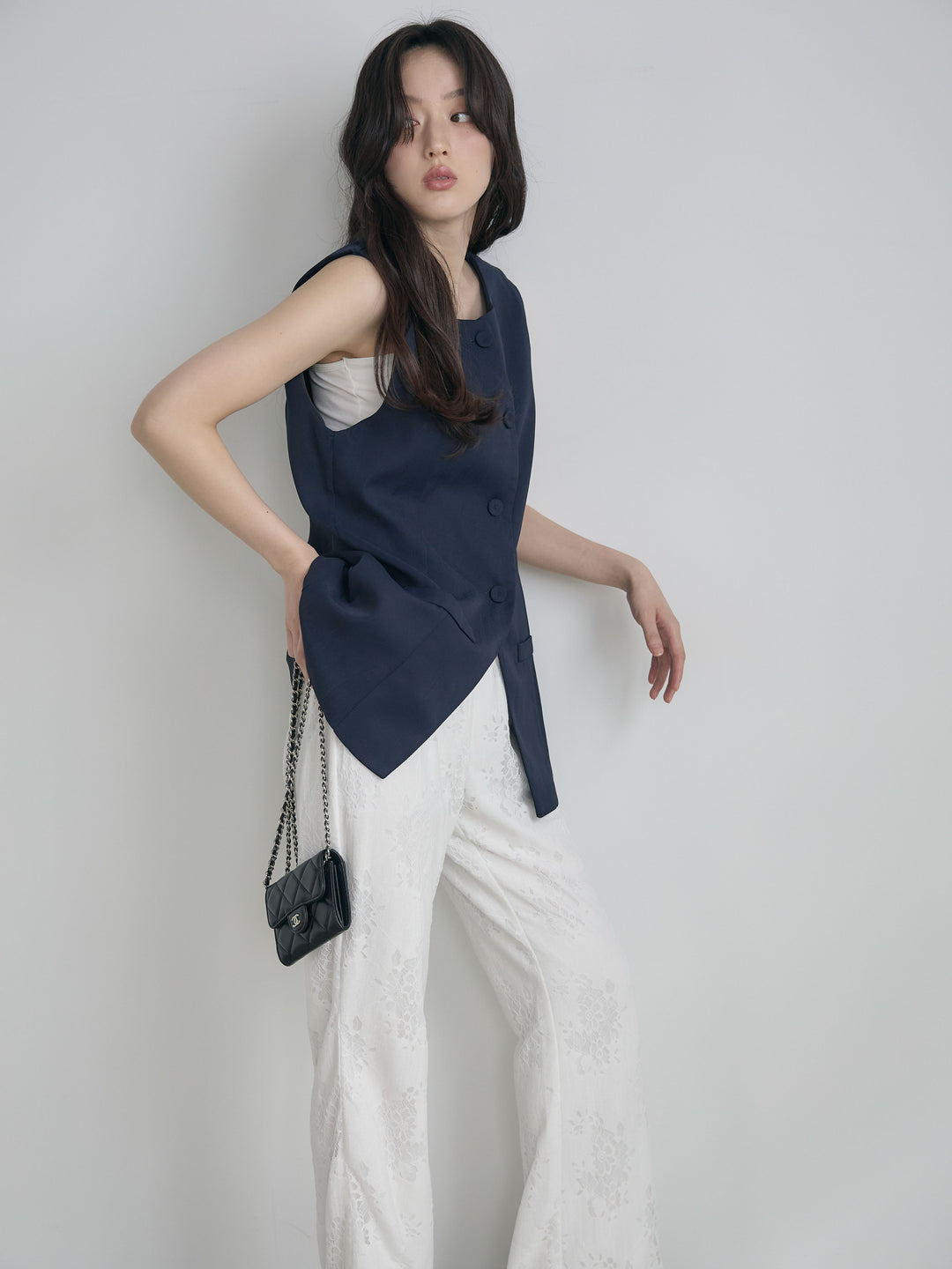 【SET】クルーネックミディベスト+【Essential】Lace soft flare pants(2set)