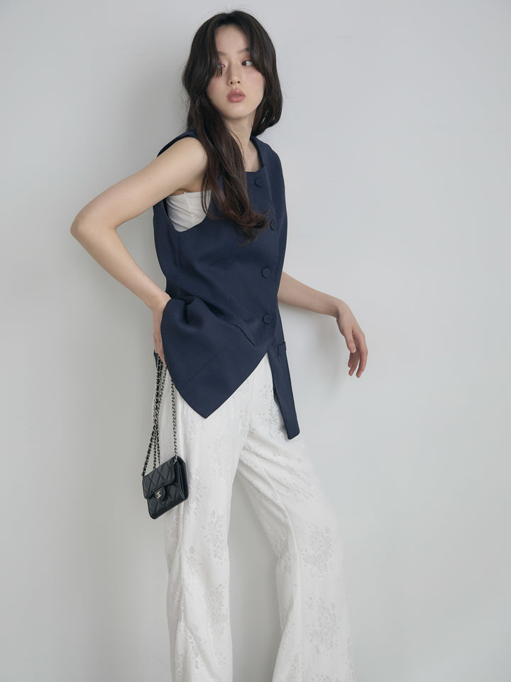 【SET】クルーネックミディベスト+【Essential】Lace soft flare pants(2set)