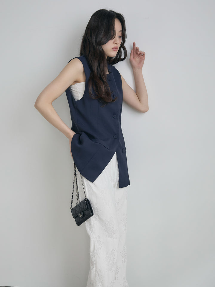 【SET】クルーネックミディベスト+【Essential】Lace soft flare pants(2set)