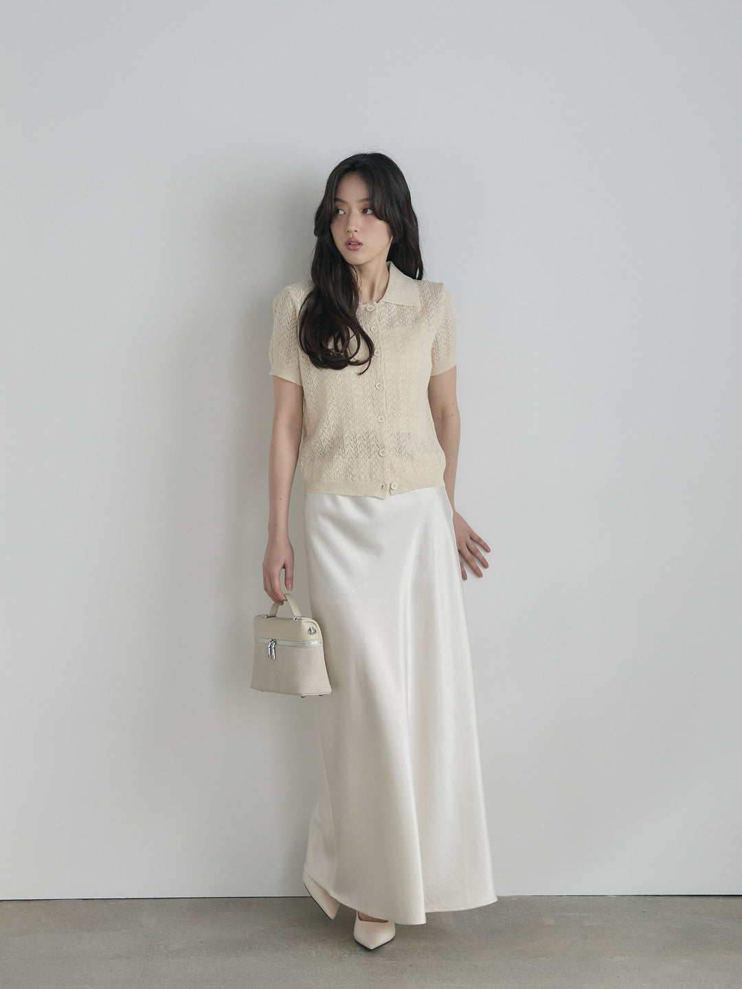 【SET】クロシェPOLOコンパクトカーディガン+リュクスAラインサテンスカート(2set)