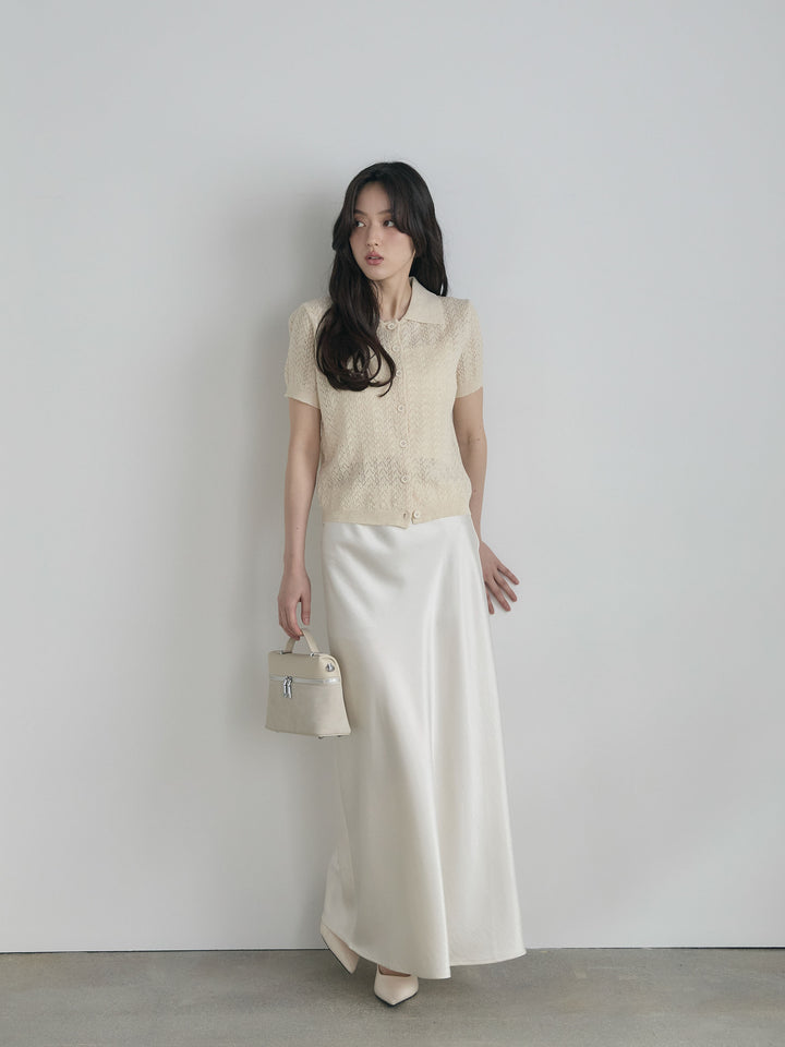 【SET】クロシェPOLOコンパクトカーディガン+リュクスAラインサテンスカート(2set)