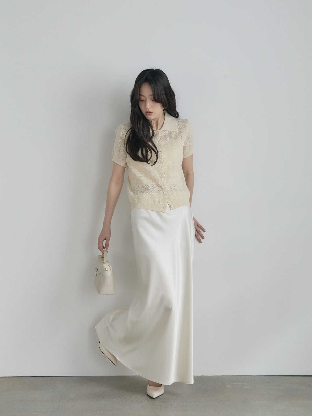 【SET】クロシェPOLOコンパクトカーディガン+リュクスAラインサテンスカート(2set)