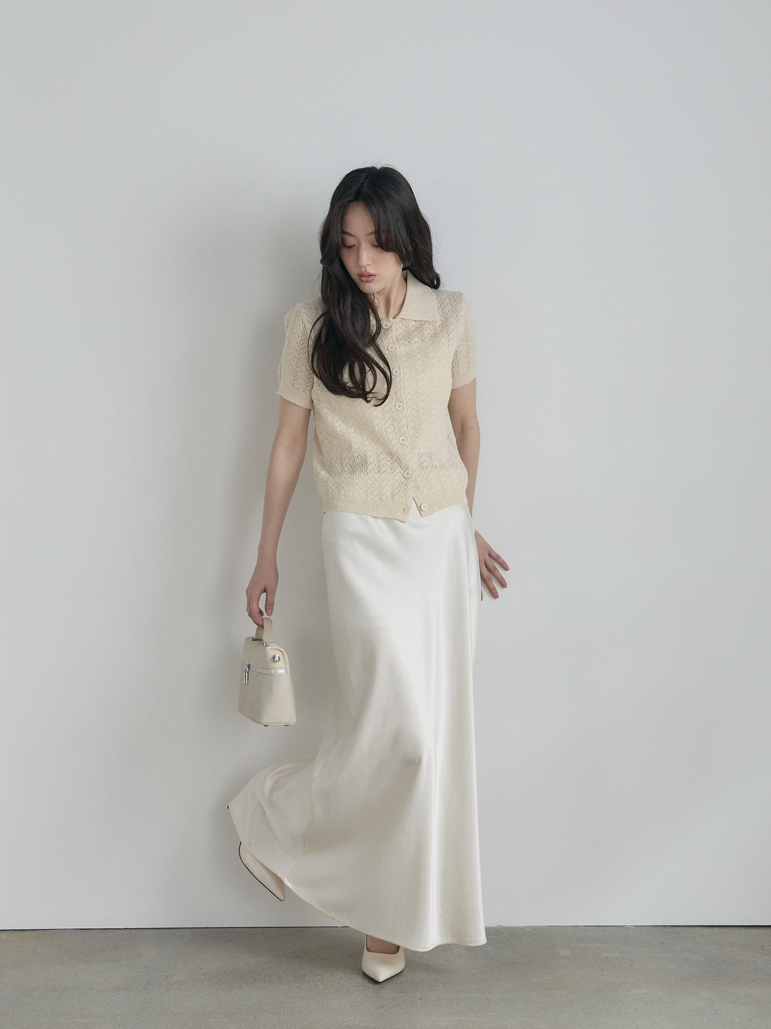 【SET】クロシェPOLOコンパクトカーディガン+リュクスAラインサテンスカート(2set)