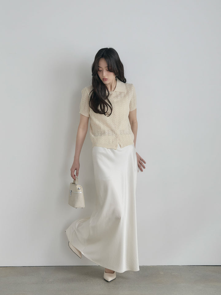 【SET】クロシェPOLOコンパクトカーディガン+リュクスAラインサテンスカート(2set)