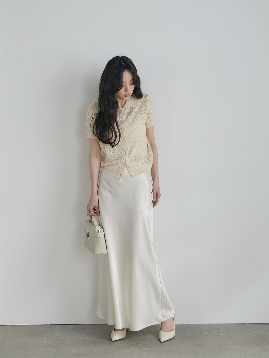 【SET】クロシェPOLOコンパクトカーディガン+リュクスAラインサテンスカート(2set)