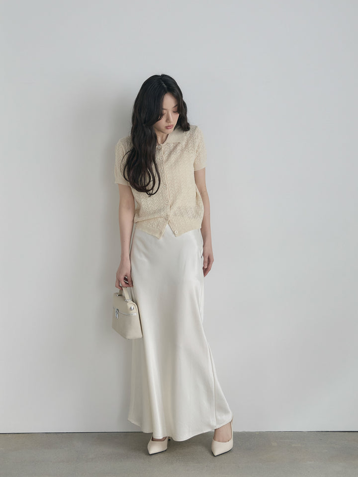 【SET】クロシェPOLOコンパクトカーディガン+リュクスAラインサテンスカート(2set)