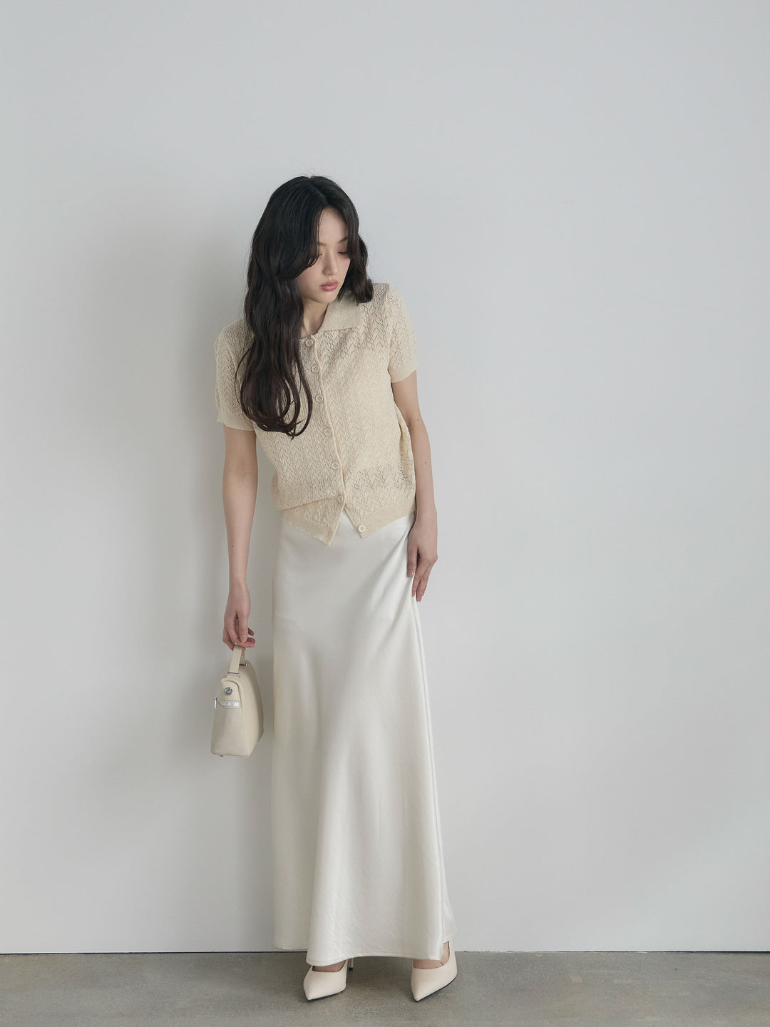 【SET】クロシェPOLOコンパクトカーディガン+リュクスAラインサテンスカート(2set)