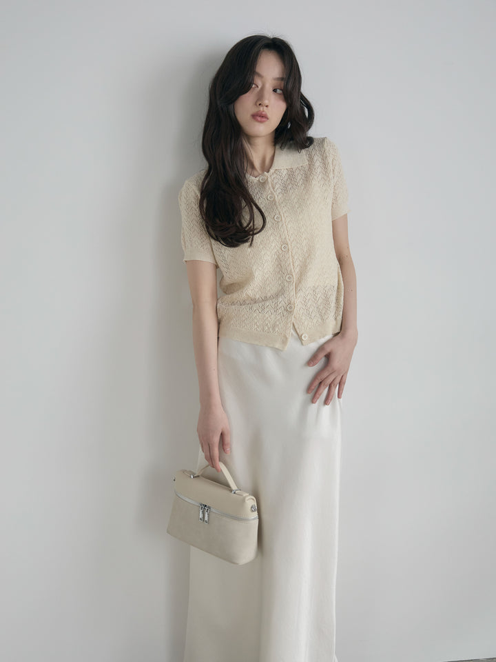 【SET】クロシェPOLOコンパクトカーディガン+リュクスAラインサテンスカート(2set)