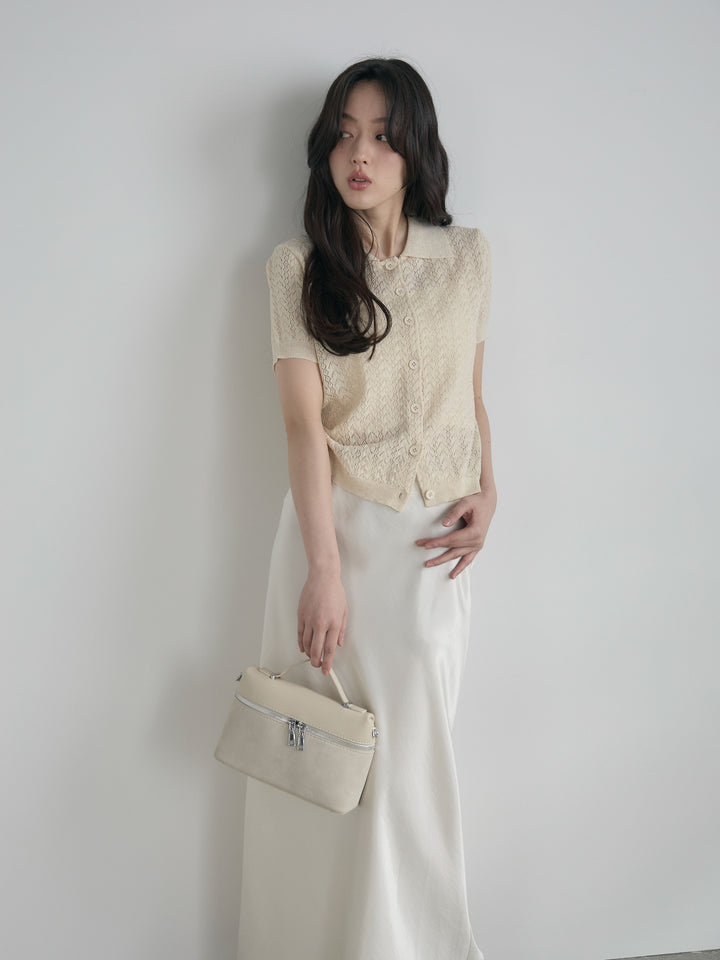 【SET】クロシェPOLOコンパクトカーディガン+リュクスAラインサテンスカート(2set)