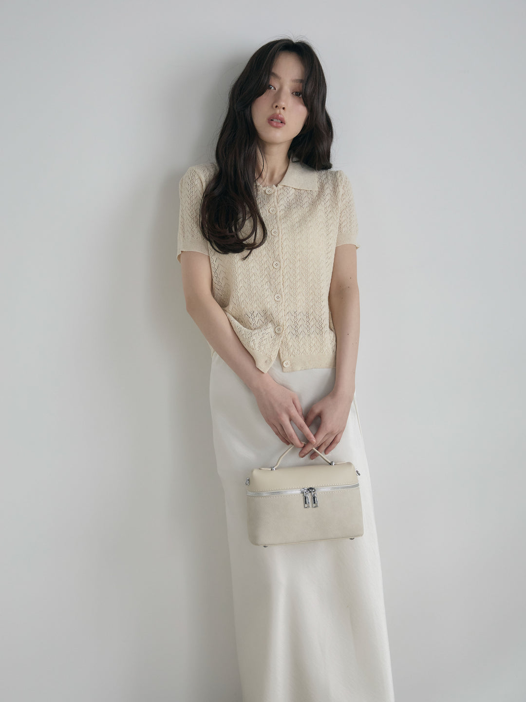 【SET】クロシェPOLOコンパクトカーディガン+リュクスAラインサテンスカート(2set)