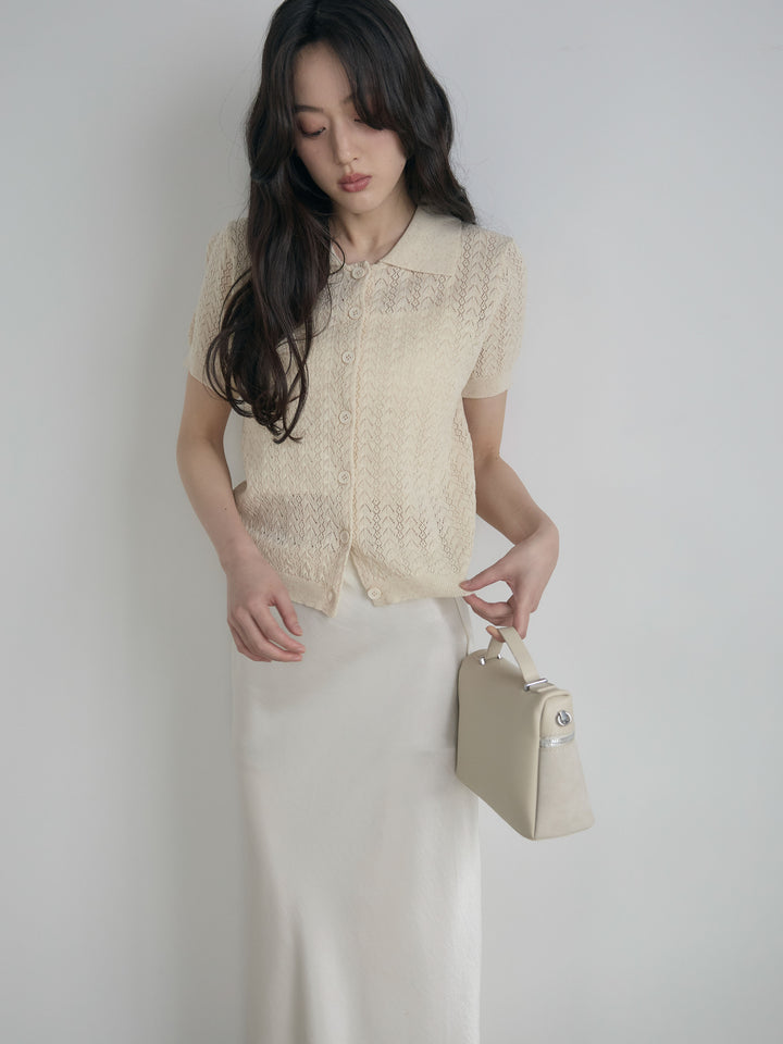 【SET】クロシェPOLOコンパクトカーディガン+リュクスAラインサテンスカート(2set)