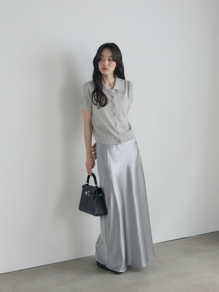 【SET】クロシェPOLOコンパクトカーディガン+リュクスAラインサテンスカート(2set)