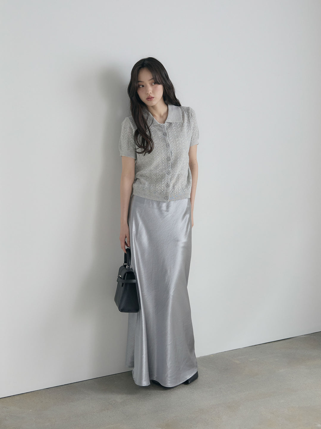 【SET】クロシェPOLOコンパクトカーディガン+リュクスAラインサテンスカート(2set)