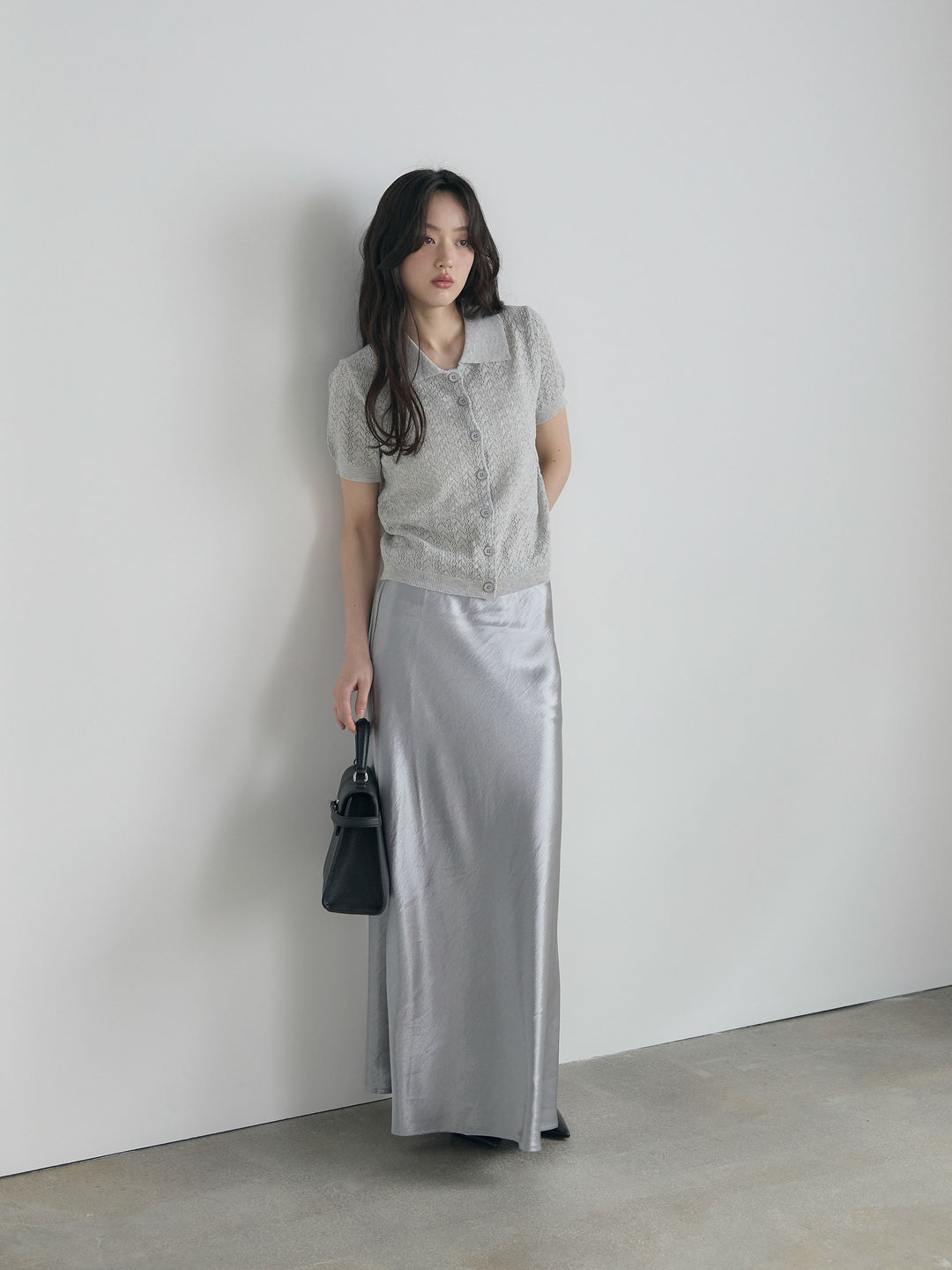 【SET】クロシェPOLOコンパクトカーディガン+リュクスAラインサテンスカート(2set)