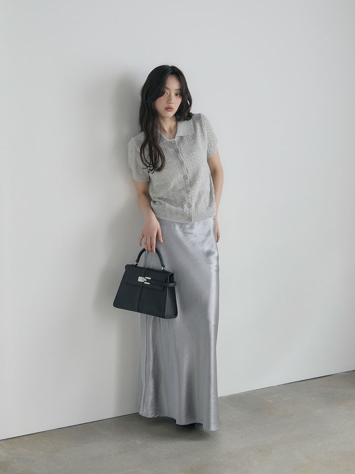 【SET】クロシェPOLOコンパクトカーディガン+リュクスAラインサテンスカート(2set)