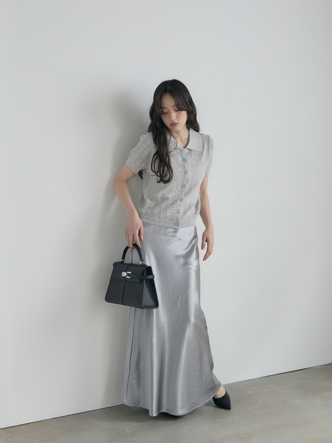 【SET】クロシェPOLOコンパクトカーディガン+リュクスAラインサテンスカート(2set)