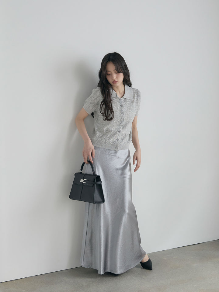 【SET】クロシェPOLOコンパクトカーディガン+リュクスAラインサテンスカート(2set)