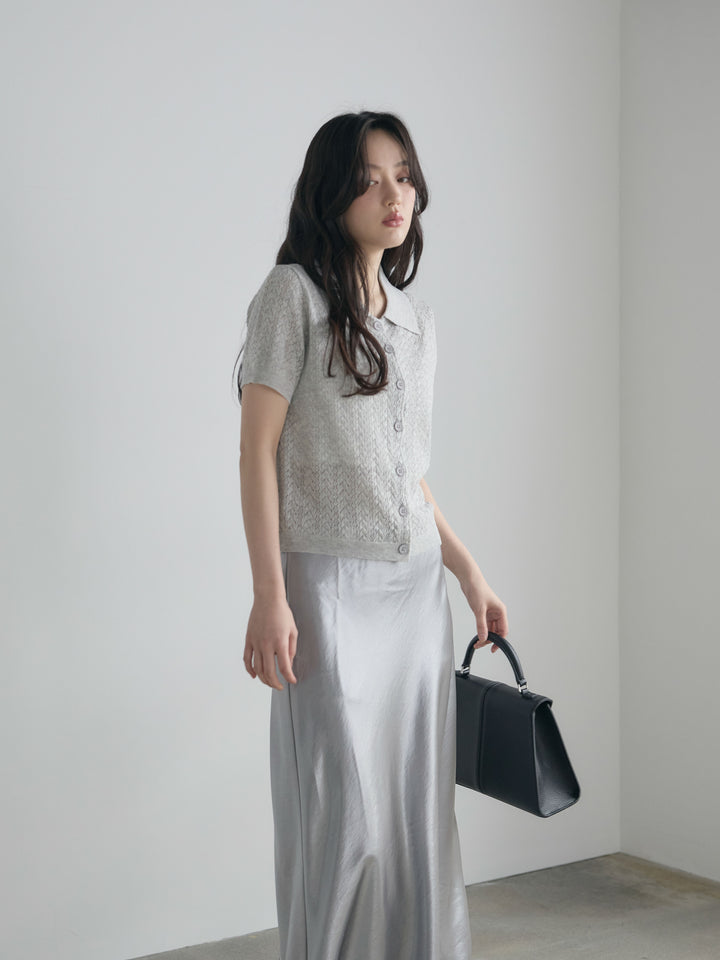 【SET】クロシェPOLOコンパクトカーディガン+リュクスAラインサテンスカート(2set)