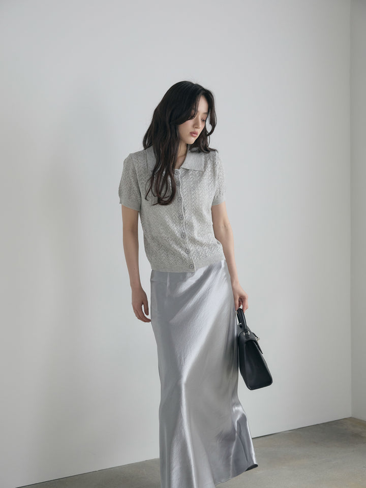 【SET】クロシェPOLOコンパクトカーディガン+リュクスAラインサテンスカート(2set)