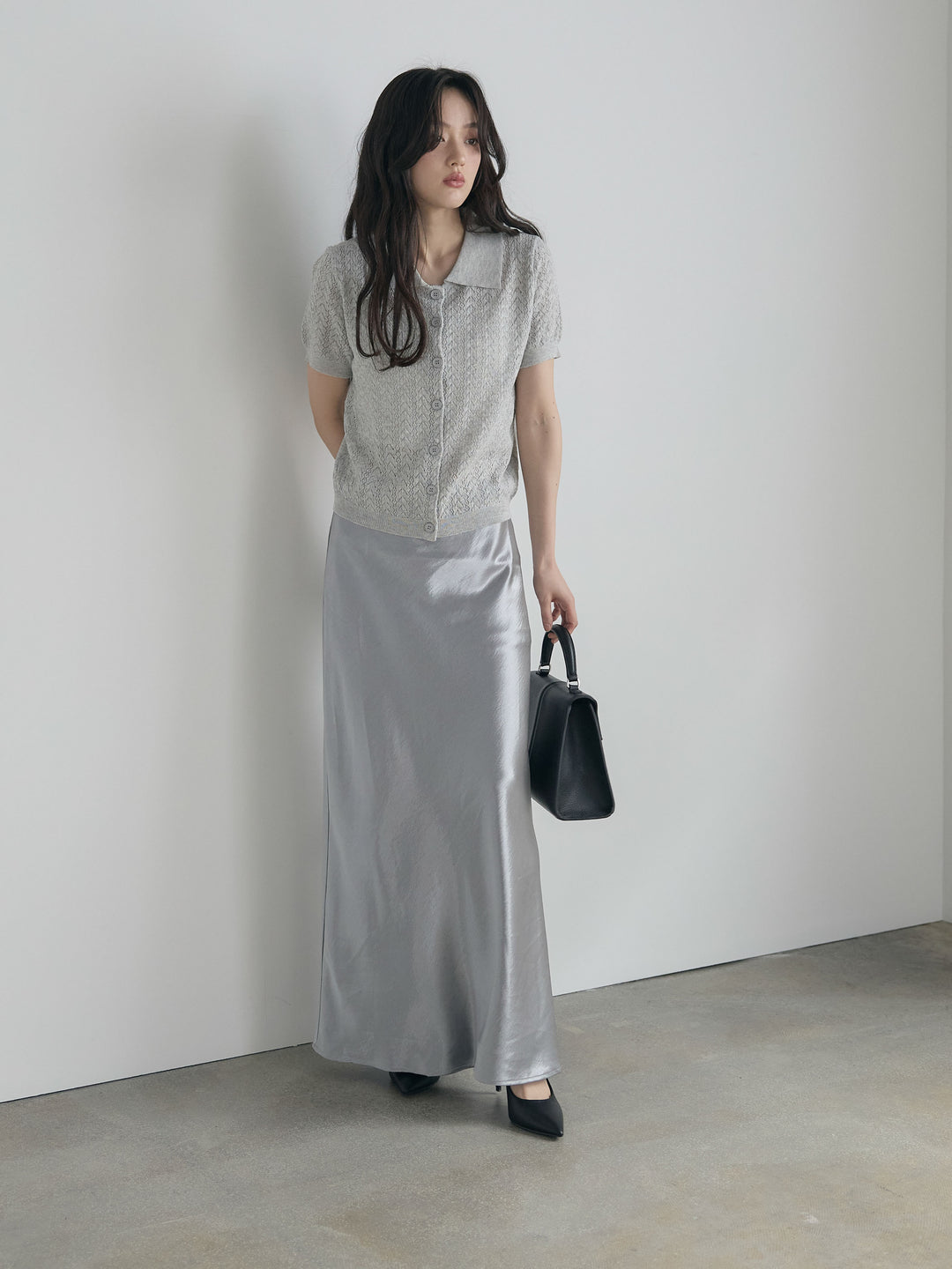 【SET】クロシェPOLOコンパクトカーディガン+リュクスAラインサテンスカート(2set)