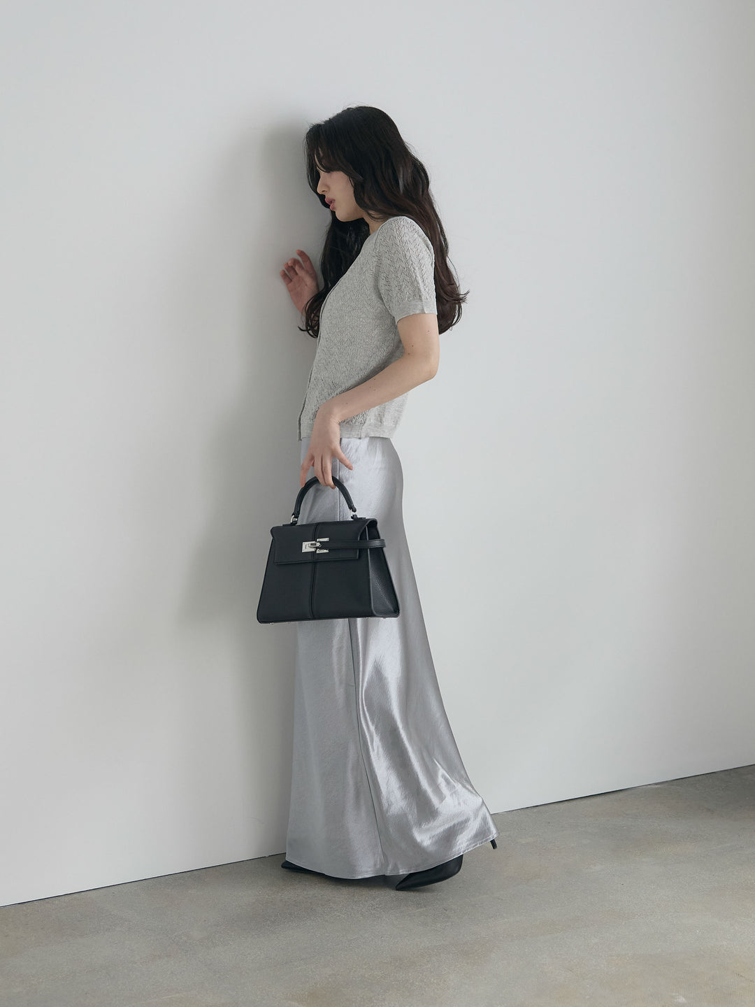 【SET】クロシェPOLOコンパクトカーディガン+リュクスAラインサテンスカート(2set)